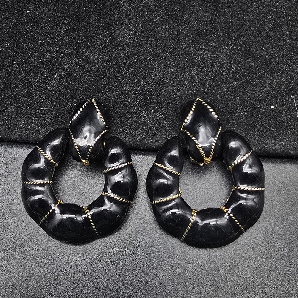 Black Door Knocker Clip On Earrings Vintage Costume Jewelry